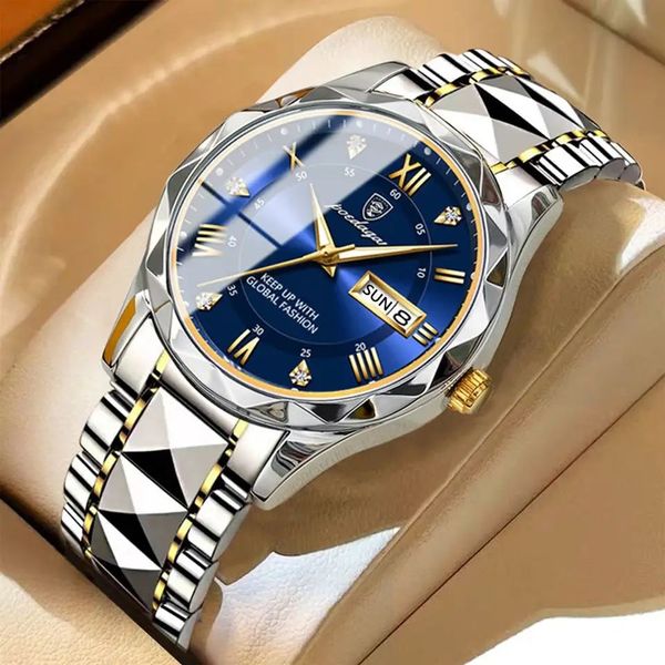 POEDAGAR 615 Brand New Waterproof Gold Mens Watches Fashion Casual Reloj Luxury Watch Date Week Stainless Steel Quartz Men Watch