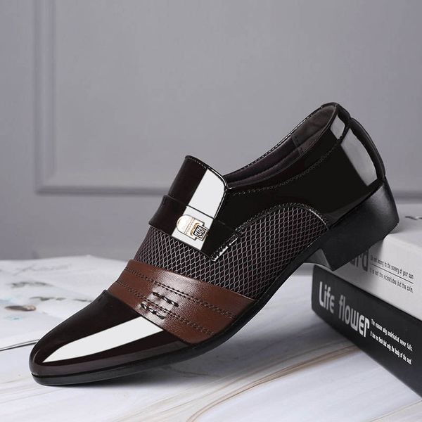 Mens Formal Leather Shoes Breathable Business British Style Plus Size Comfortable Lacquer Leather Pointed Hollow Out Shoes