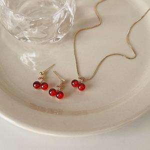 Luxury Red Cherry Pendant Necklace and Earrings Set for Women Sweet Trendy with Link Chain Pearl Cute Style for Anniversaries